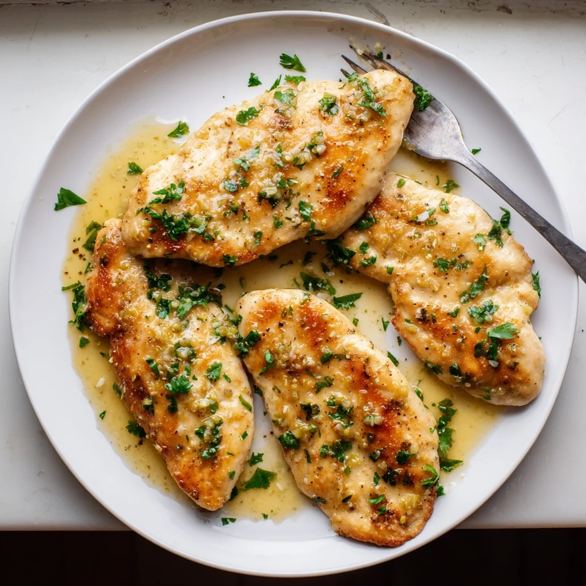 Golden pan-seared lemon garlic butter chicken draped in a glossy citrus sauce