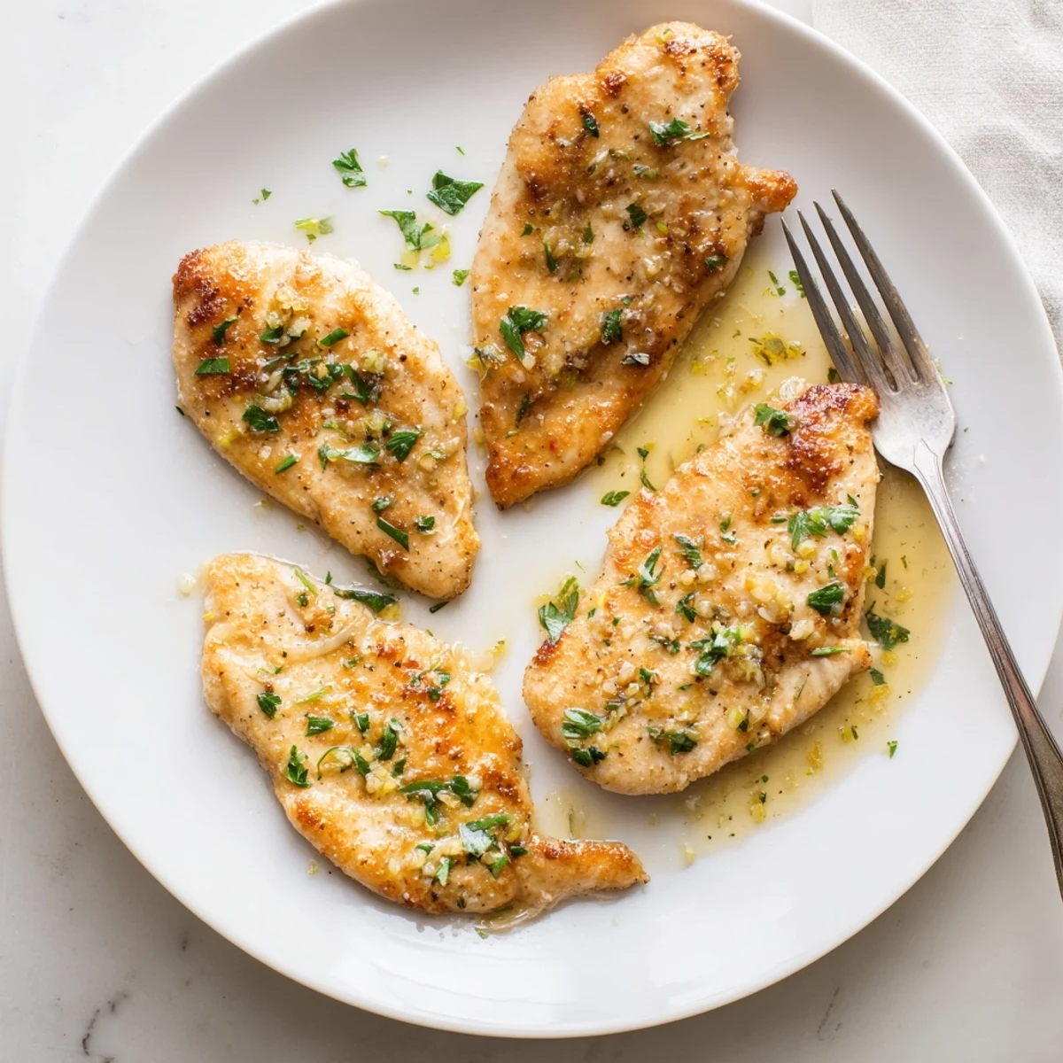 Sliced lemon garlic butter chicken plated over rice with pooled yellow pan sauce