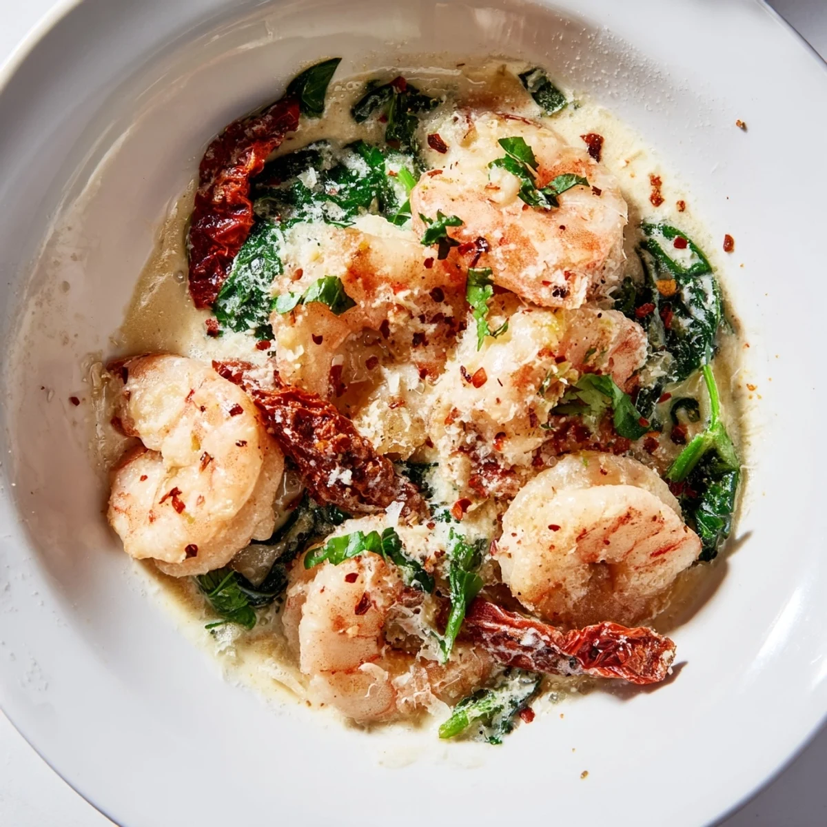 Golden seared shrimp nestled in a creamy garlic Tuscan sauce with wilted spinach