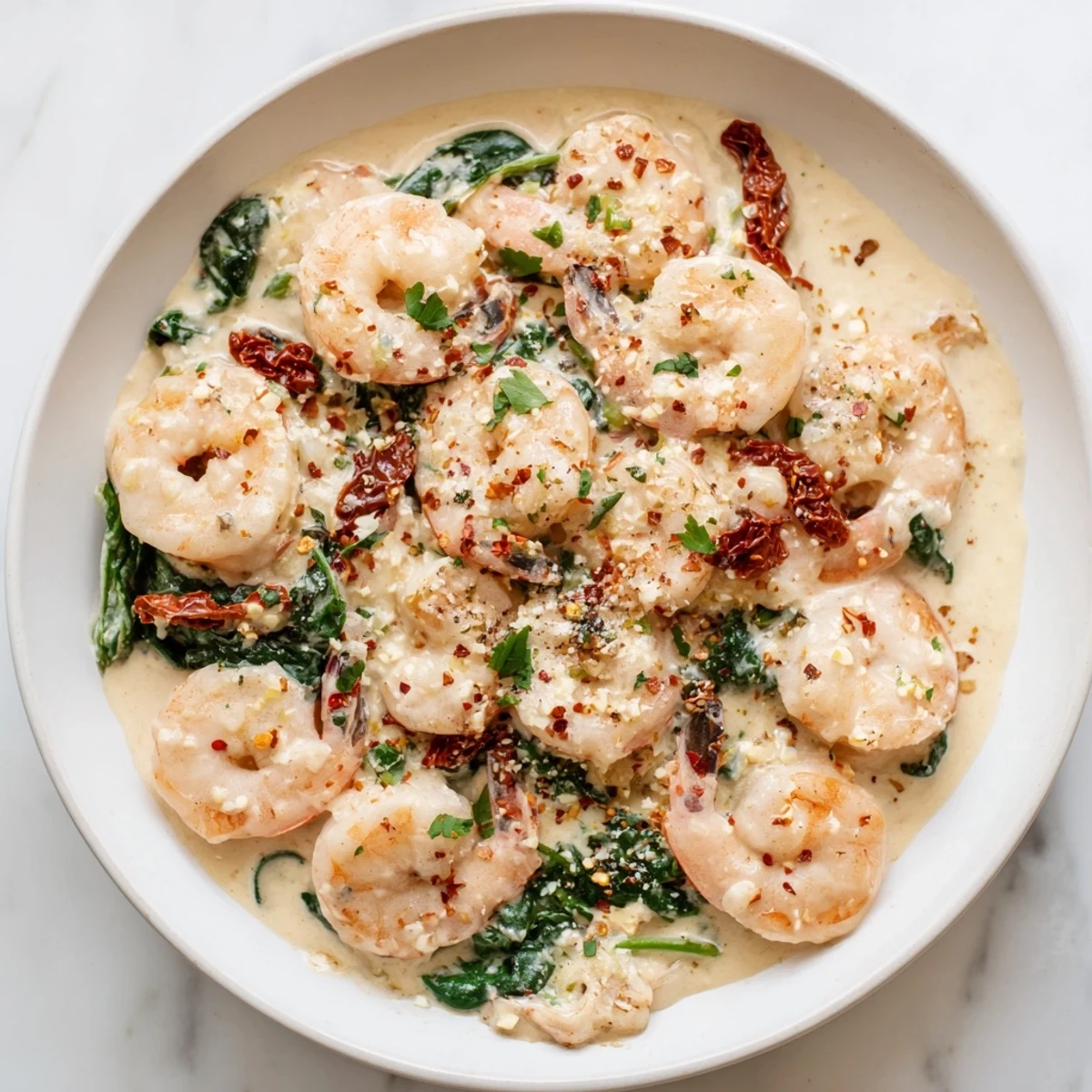 Keto creamy Tuscan shrimp plated over zucchini noodles with sun-dried tomatoes and parsley