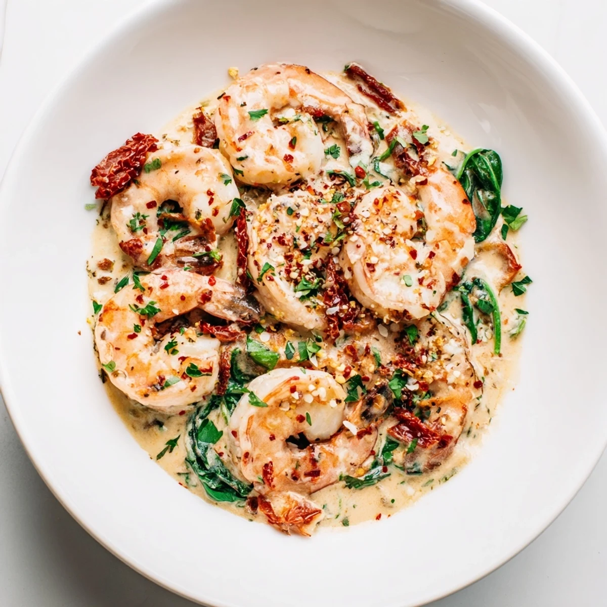Plump pink shrimp swimming in a rich Parmesan cream sauce alongside sun-dried tomatoes