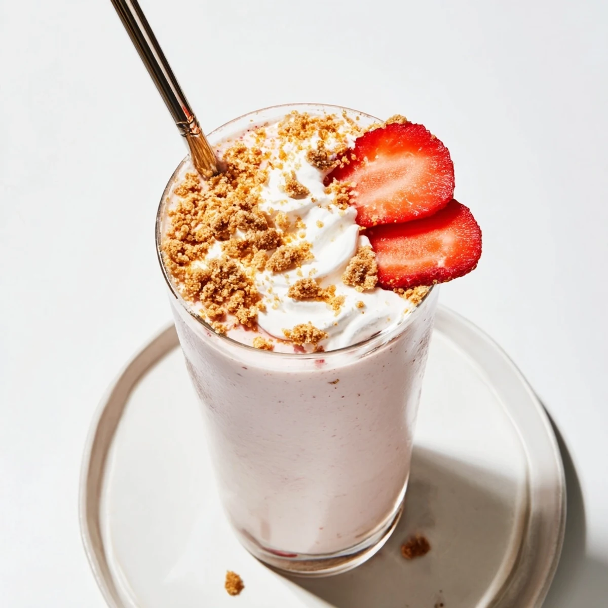 Thick strawberry cheesecake milkshake topped with whipped cream and graham cracker crumbs