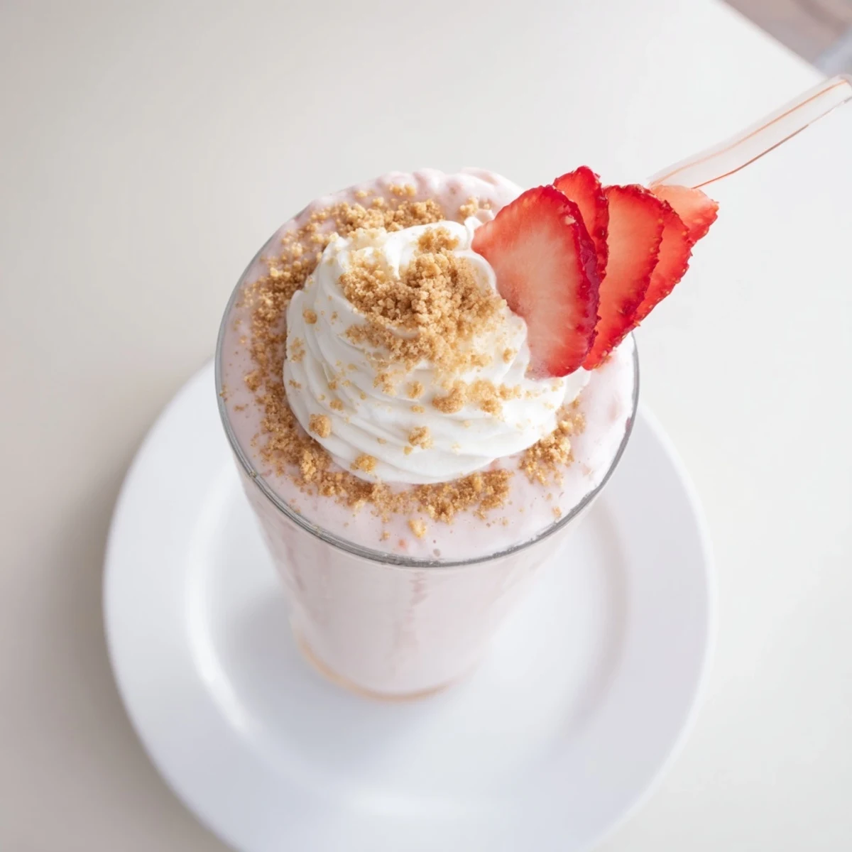 Tall glass of pink strawberry cheesecake milkshake garnished with fresh sliced strawberries