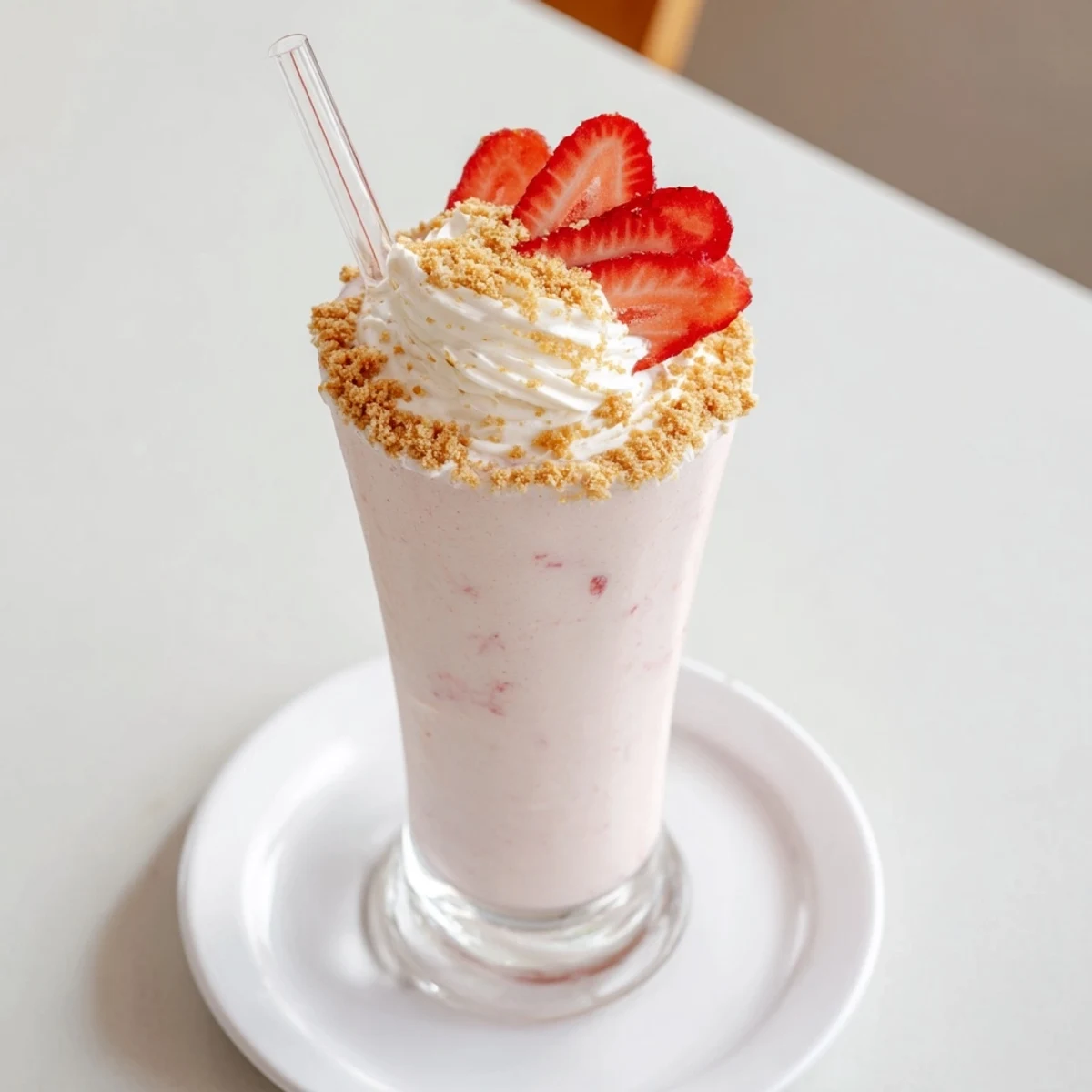 Creamy strawberry cheesecake milkshake in a glass with a straw and cookie crumble