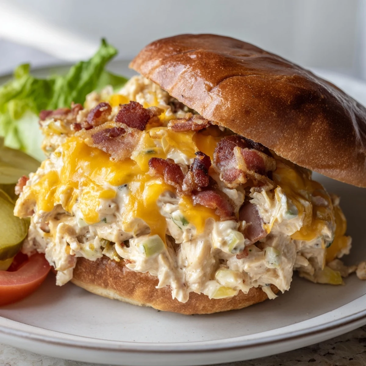 Crack Chicken Sandwiches piled high with gooey cheddar, crispy bacon, steaming.