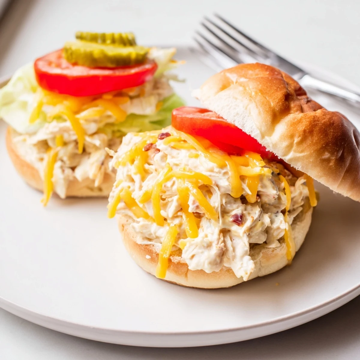 Warm Crack Chicken Sandwiches spooned from bubbly bake onto toasted brioche buns.