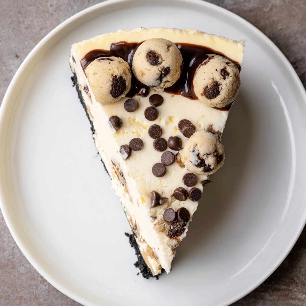 Chocolate Chip Cookie Dough Cheesecake slice on plate, creamy center, cookie dough pockets