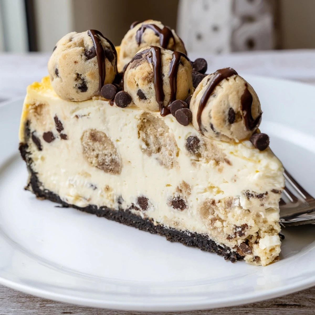 A chilled Chocolate Chip Cookie Dough Cheesecake topped with mini chips, marbleized filling