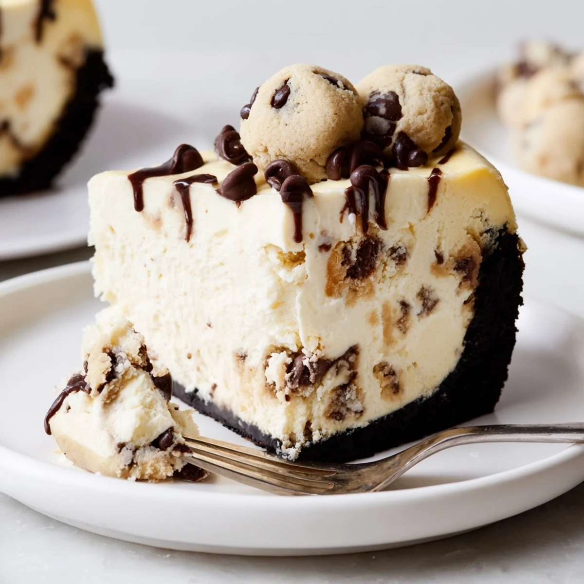 Slices of Chocolate Chip Cookie Dough Cheesecake on wooden board, rich, velvety texture