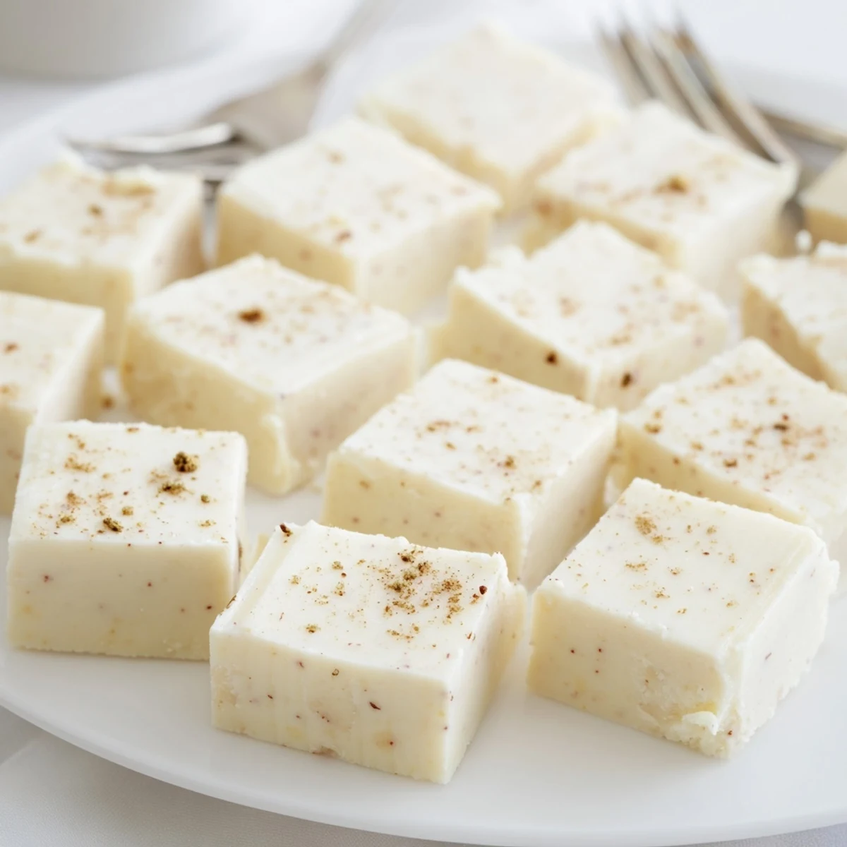Eggnog Fudge squares dusted with grated nutmeg, creamy, rich holiday dessert  