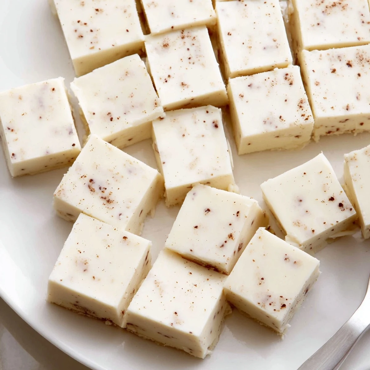 Rich Eggnog Fudge bites with warm nutmeg aroma, perfect for gifting