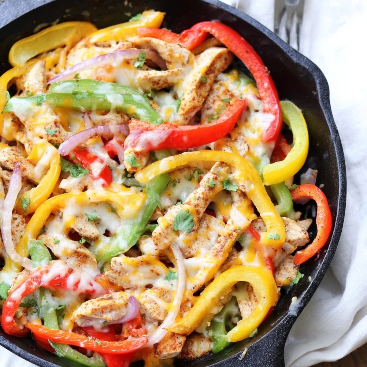 Cheesy Baja Chicken Bell Pepper Skillet sizzling with melted cheese, lime, and cilantro.
