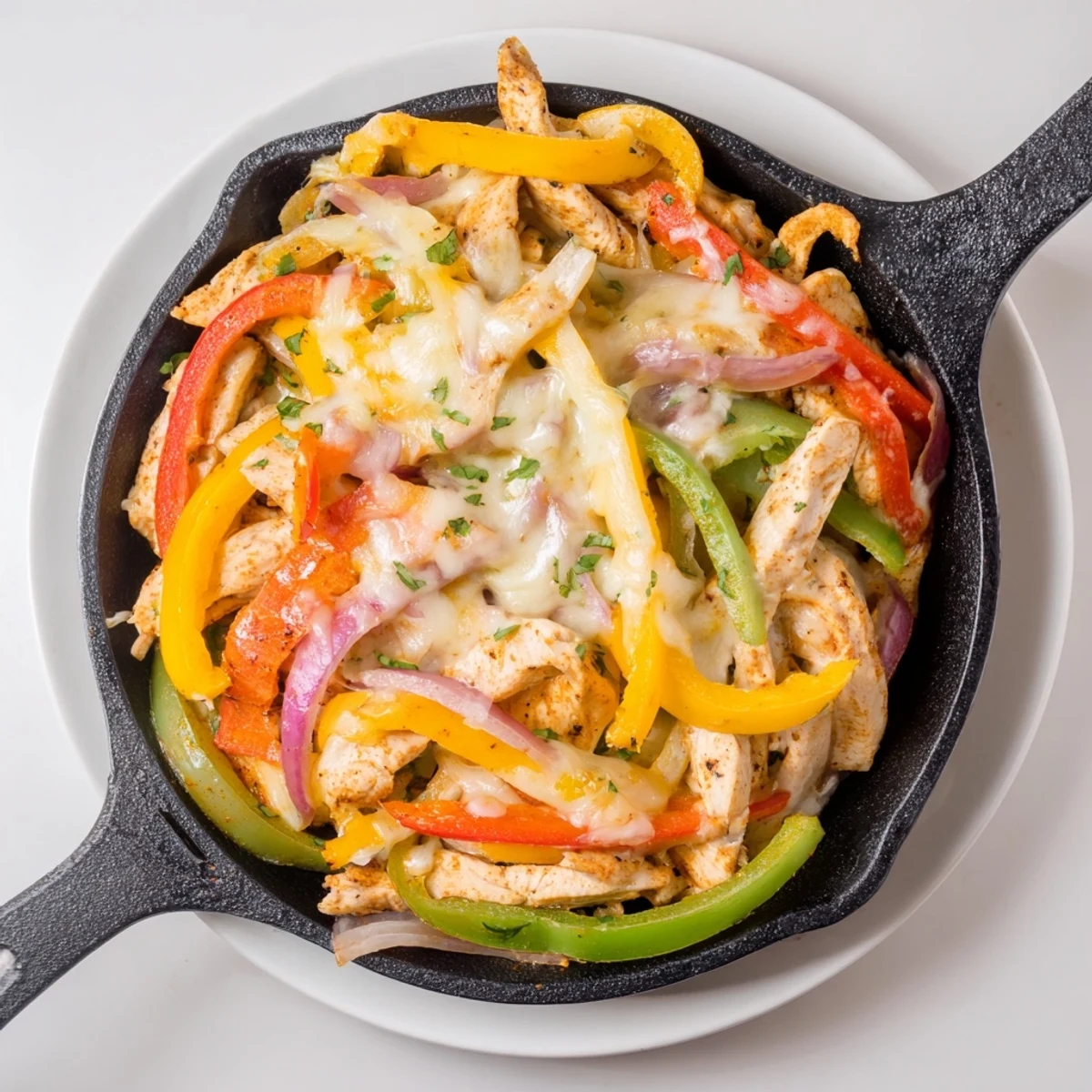 Bright Cheesy Baja Chicken Bell Pepper Skillet plated with warm corn tortillas, colorful peppers.