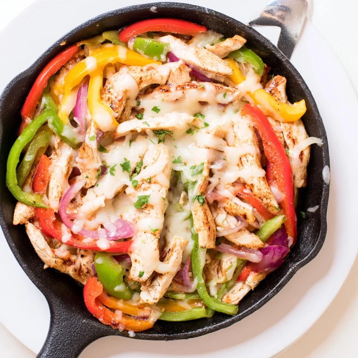 Weeknight Cheesy Baja Chicken Bell Pepper Skillet bubbling, ready to serve over fluffy rice.