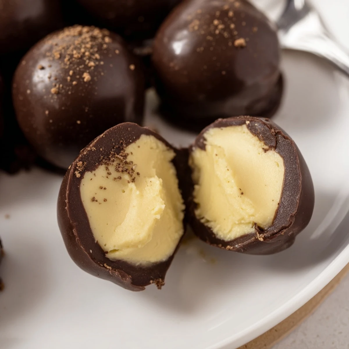 Dark Chocolate Eggnog Truffles on parchment, glossy shells dusted with nutmeg