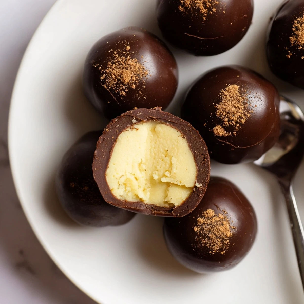 Hand-rolled Dark Chocolate Eggnog Truffles revealing creamy, spiced white chocolate ganache