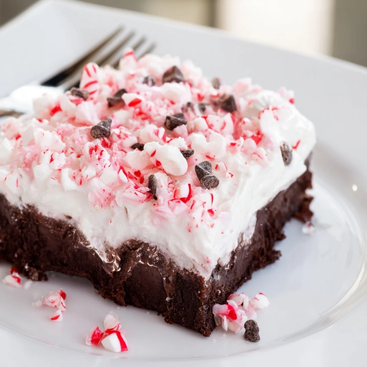 Peppermint Poke Cake chilled with fluffy whipped topping and crushed candies