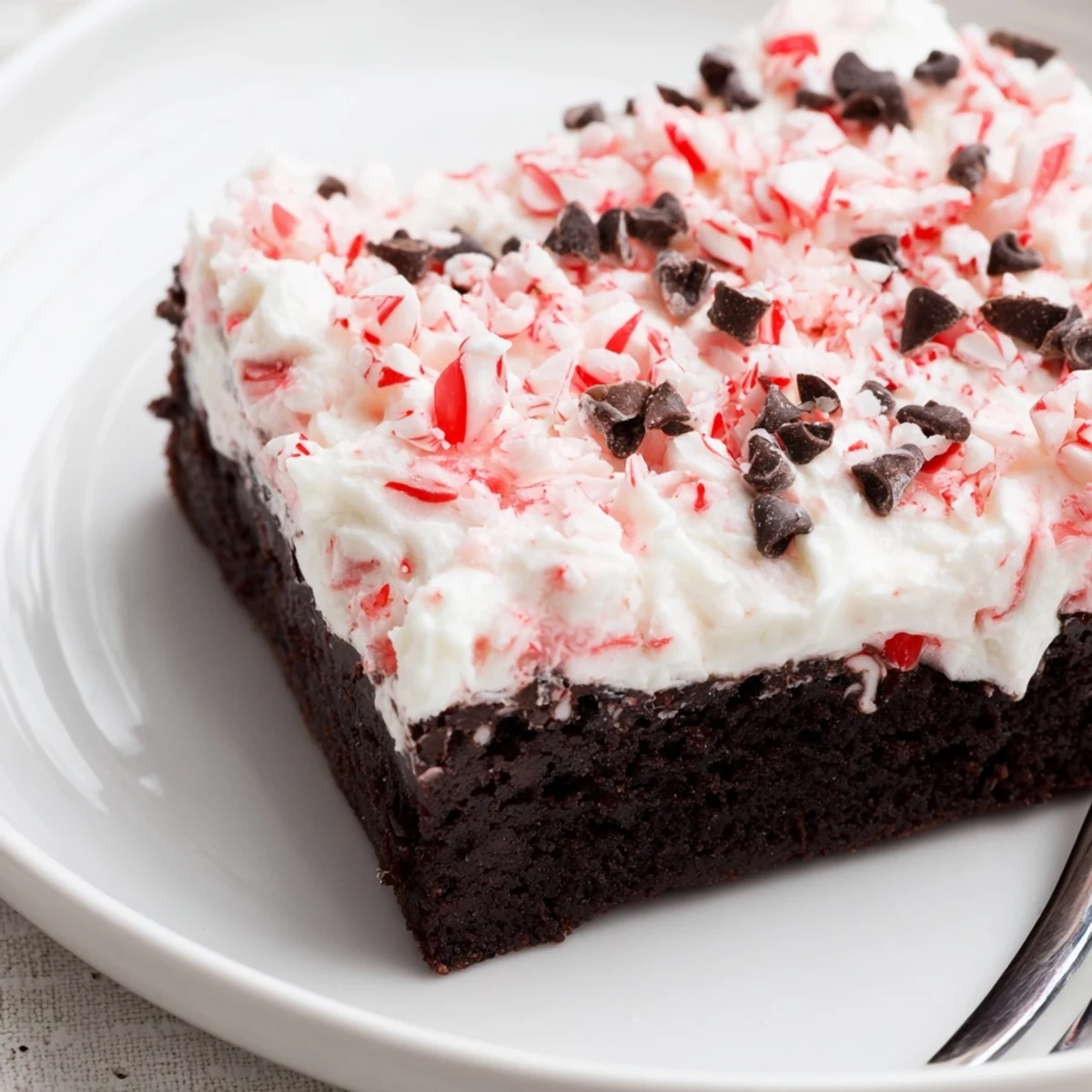 Holiday ready Peppermint Poke Cake garnished with chocolate shavings and crumbled peppermint