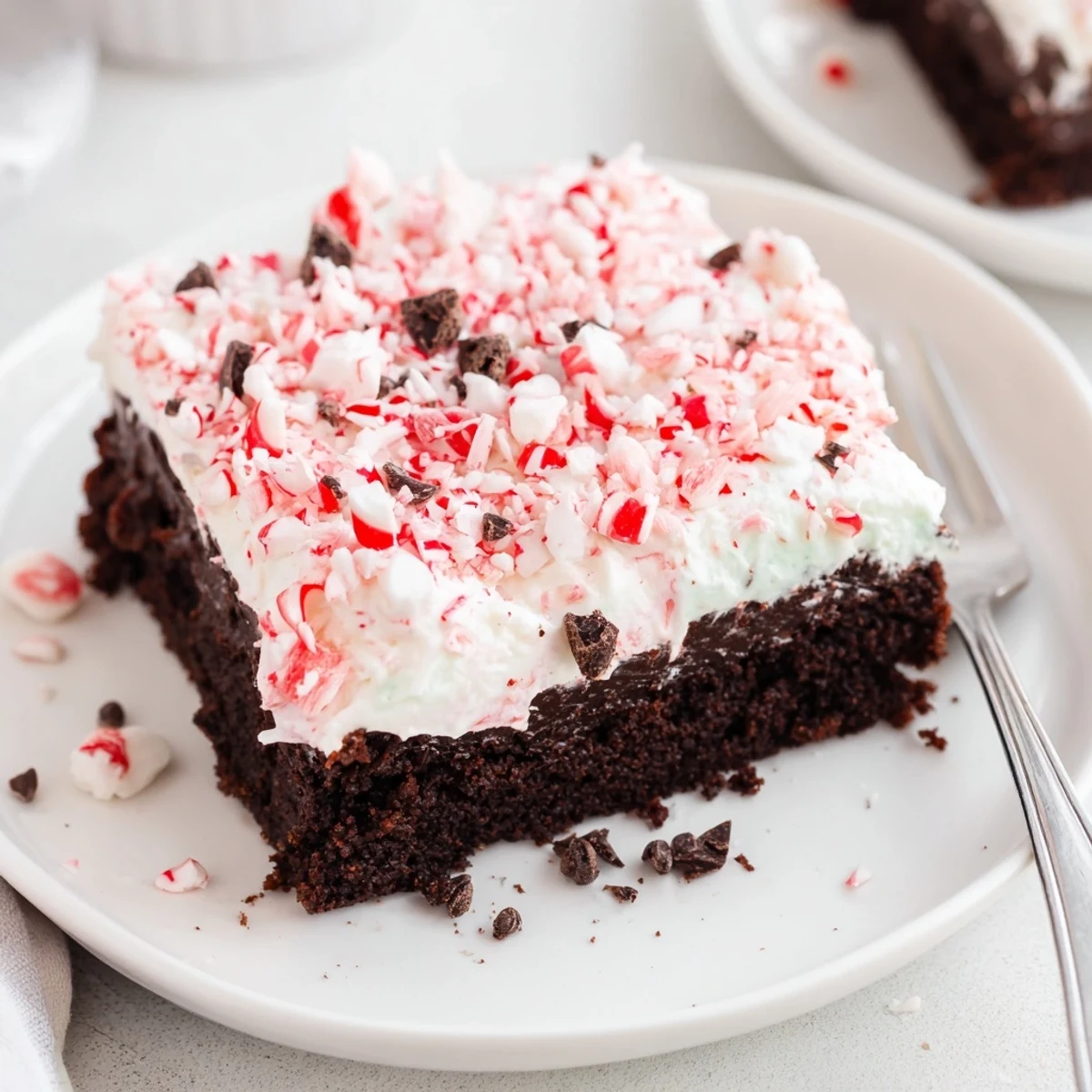 Sliced Peppermint Poke Cake showing chocolate sponge, mint pudding pockets