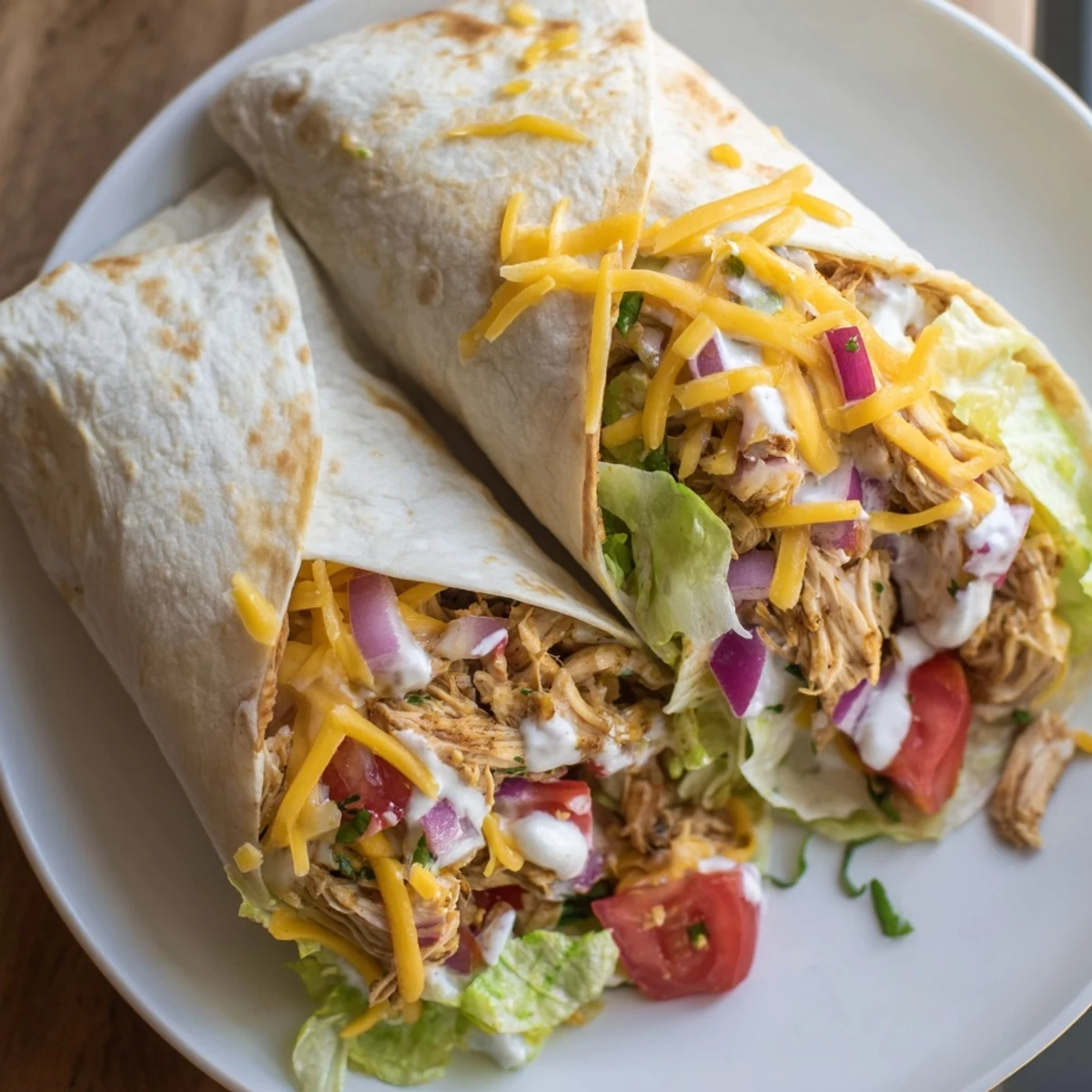 Cheesy Garlic Chicken Wraps steaming on a plate, melted cheese oozing