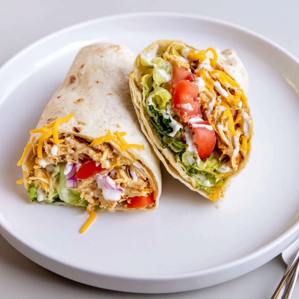 Warm Cheesy Garlic Chicken Wraps sliced in half, crisped panini edges