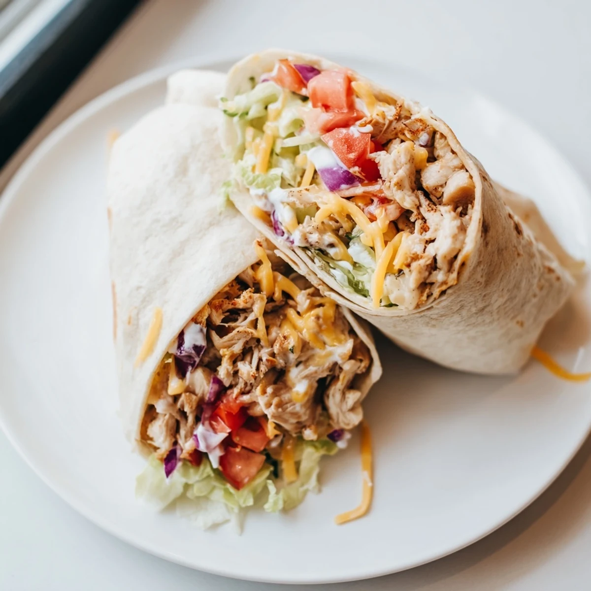 Family-style Cheesy Garlic Chicken Wraps stuffed with juicy chicken and crisp lettuce