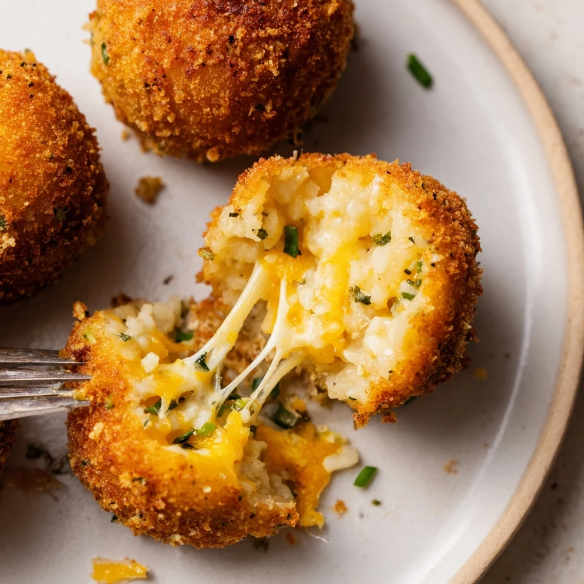 Crispy Fried Mashed Potato Balls with melted cheddar, served with ranch
