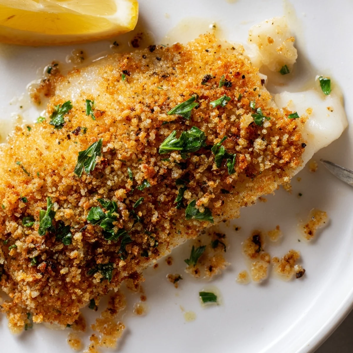 Hot, flaky Boston Baked Cod topped with buttery crumbs and fresh parsley