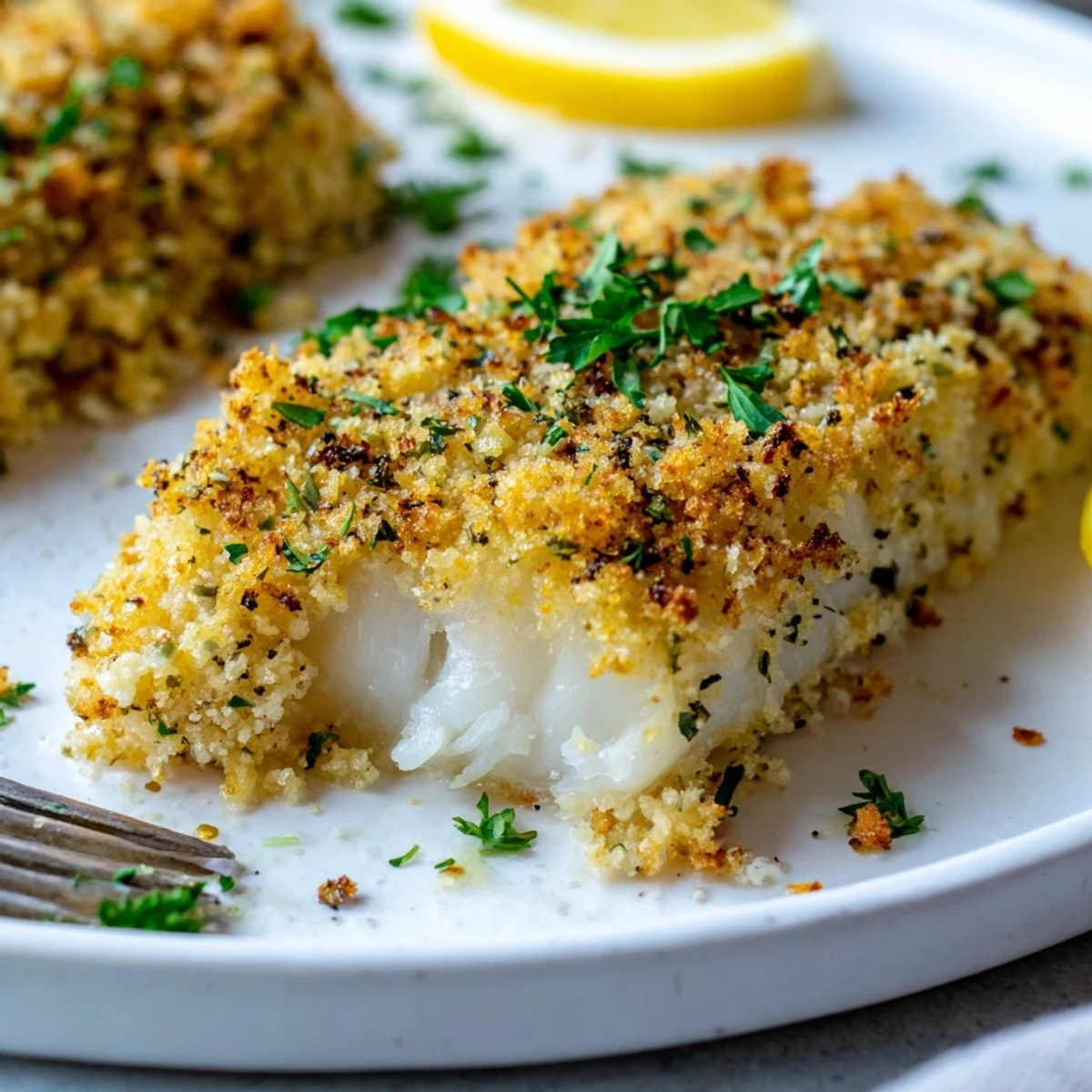Golden breadcrumb-crusted Boston Baked Cod resting on a baking dish, lemon