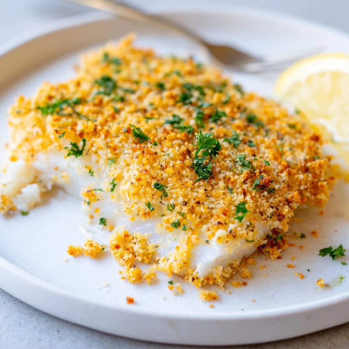 Oven-roasted Boston Baked Cod served steaming beside roasted potatoes and green beans