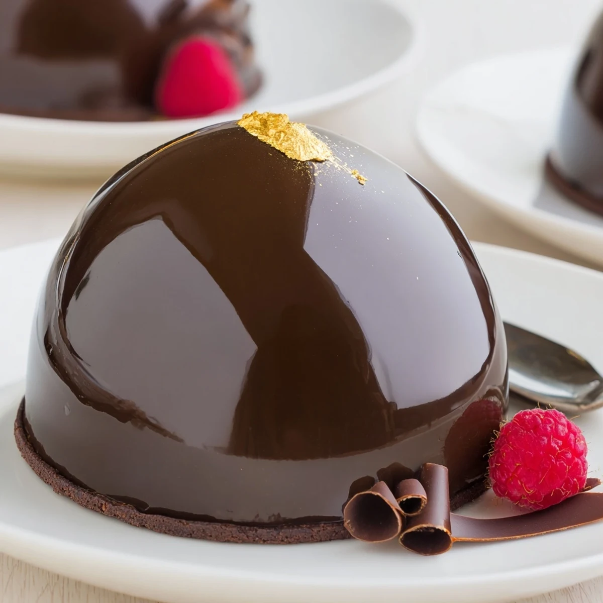 Elegant Chocolate Mascarpone Dome Dessert With Glossy Shells glistening, creamy mousse oozing inside  
