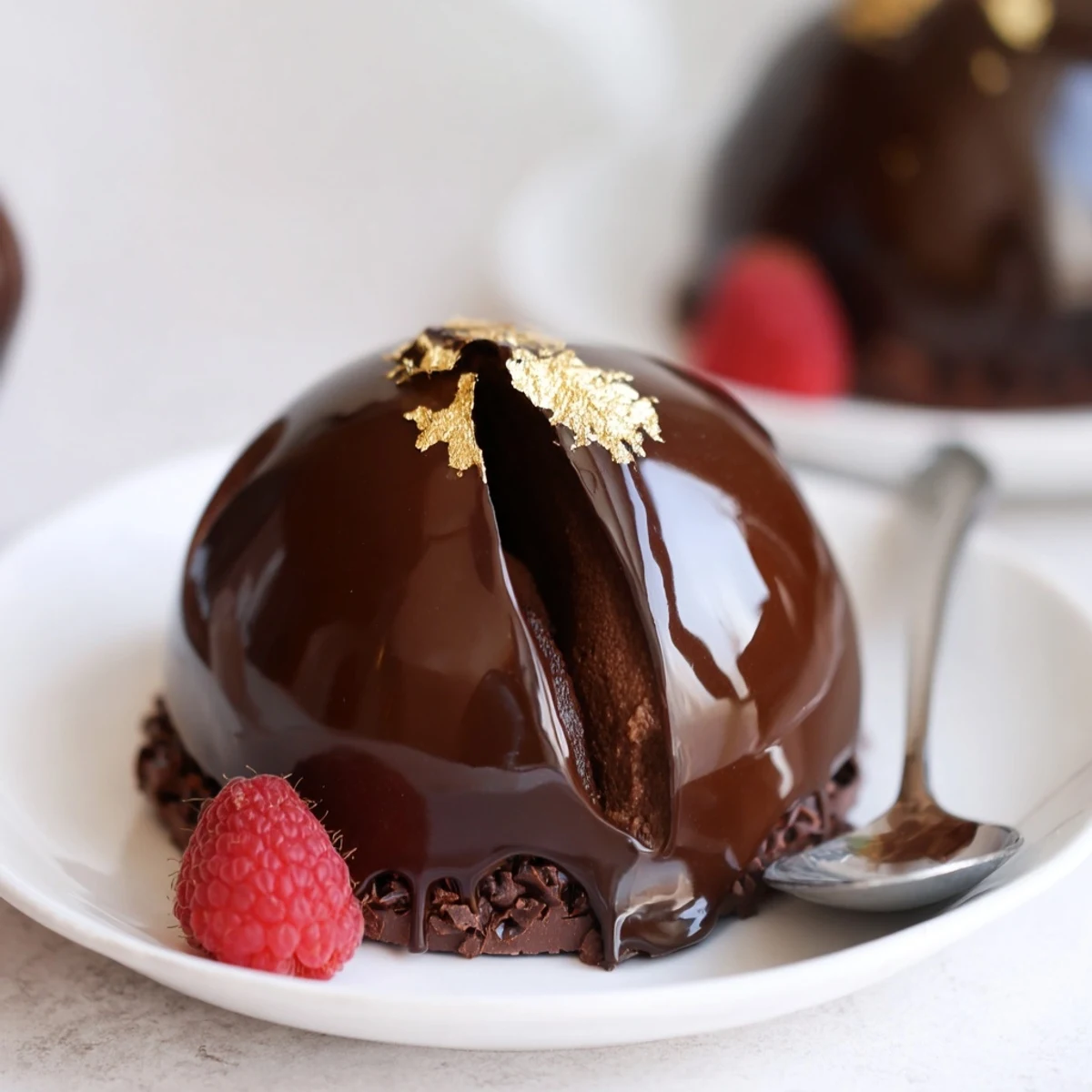Plated Elegant Chocolate Mascarpone Dome Dessert With Glossy Shells beside espresso and gold leaf  
