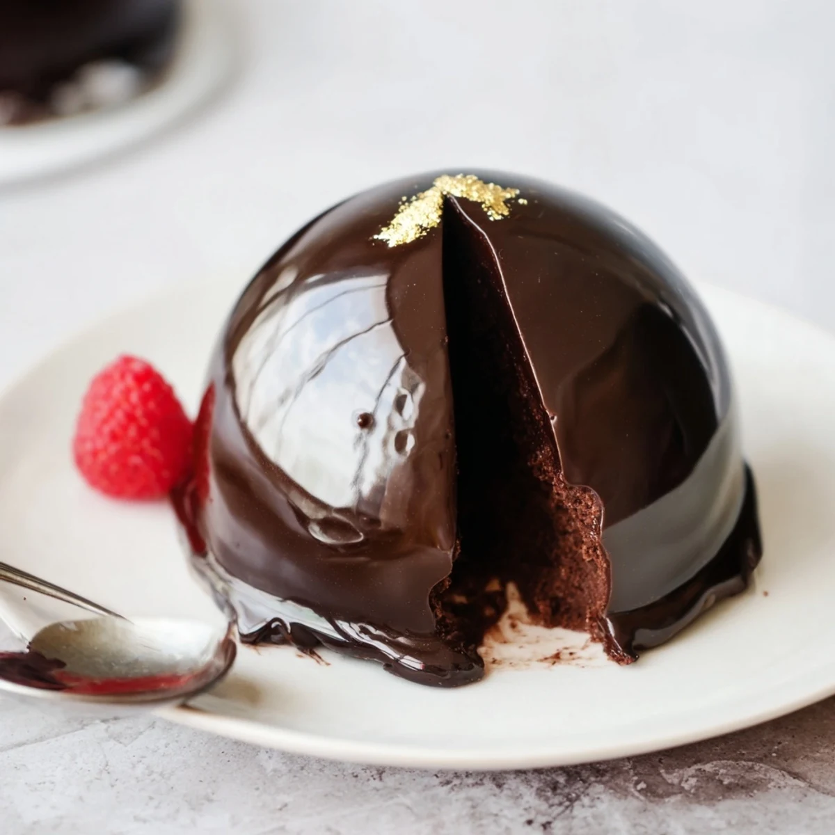 Sliced Elegant Chocolate Mascarpone Dome Dessert With Glossy Shells showing silky mascarpone filling