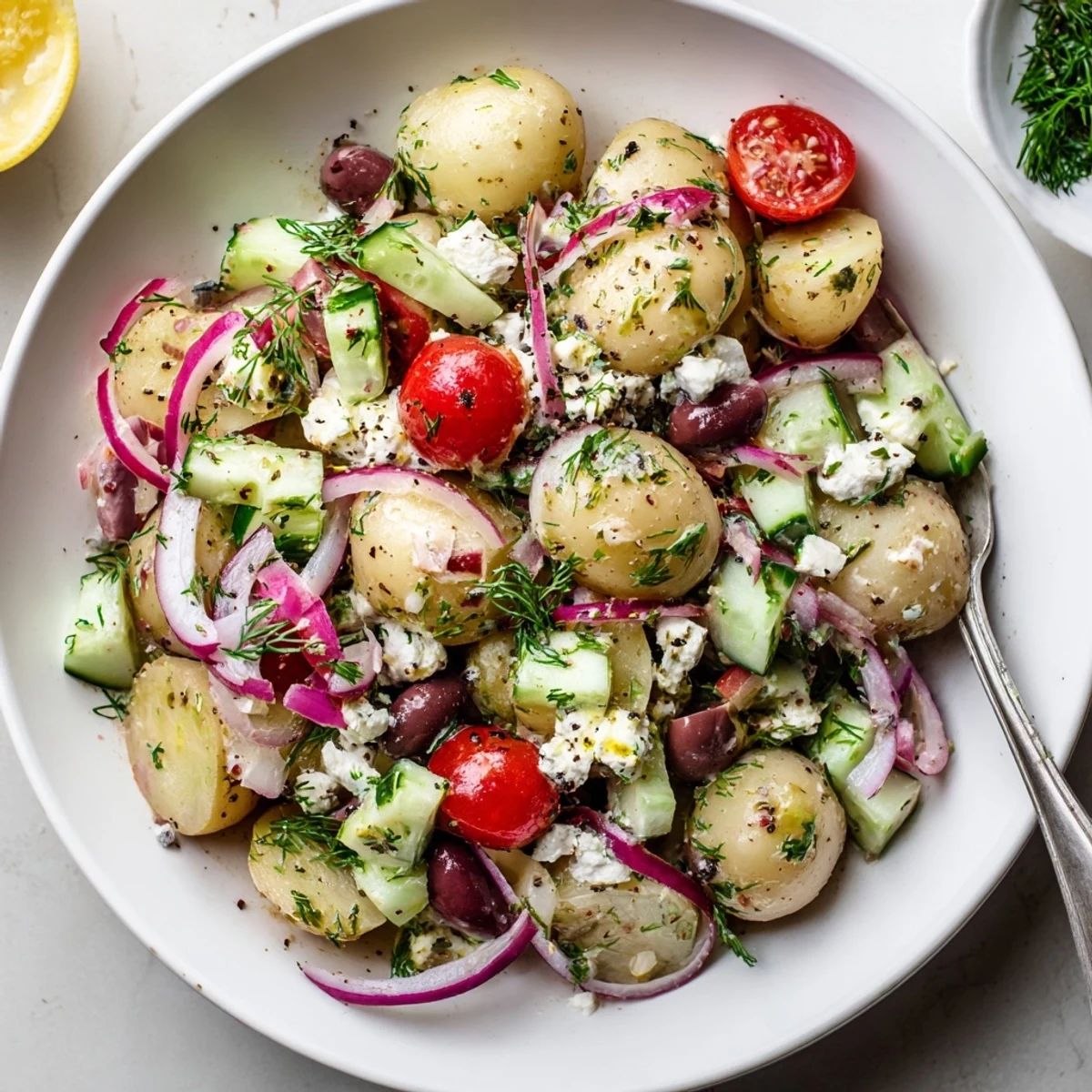 Olive Greek Potato Salad with creamy potatoes, briny olives, and lemony dressing  