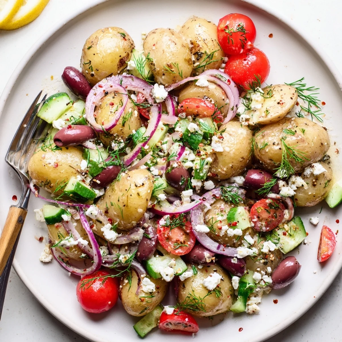 Chilled Olive Greek Potato Salad served at picnics, paired with grilled meats