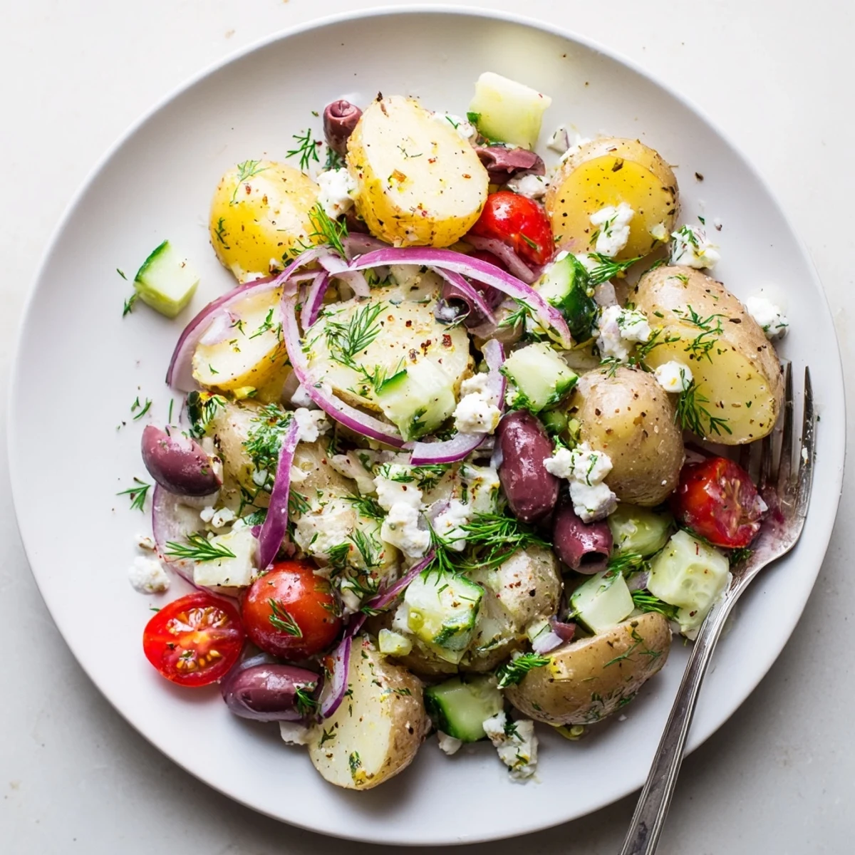 Bright Olive Greek Potato Salad studded with feta, cherry tomatoes, and herbs  