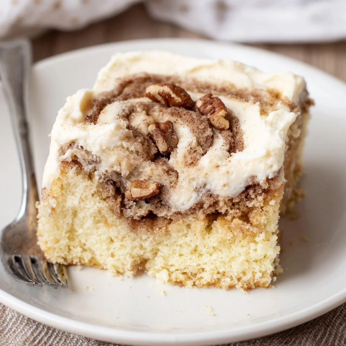 Cinnamon Roll Poke Cake sliced in baking dish, sticky pockets of cinnamon filling