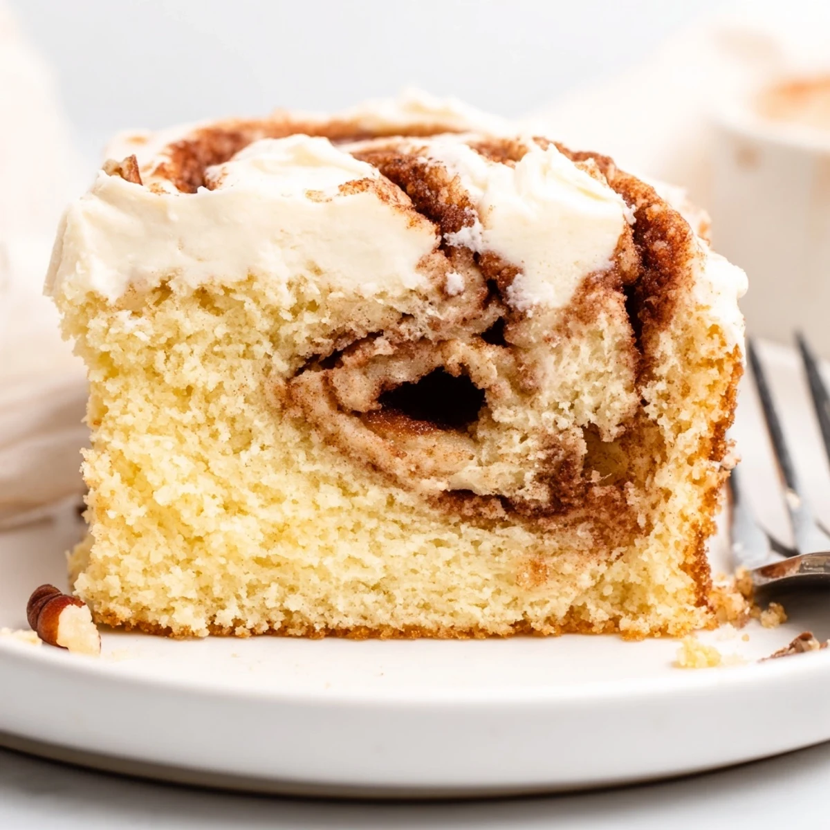 Lightly powdered Cinnamon Roll Poke Cake served warm with a scoop of vanilla ice cream