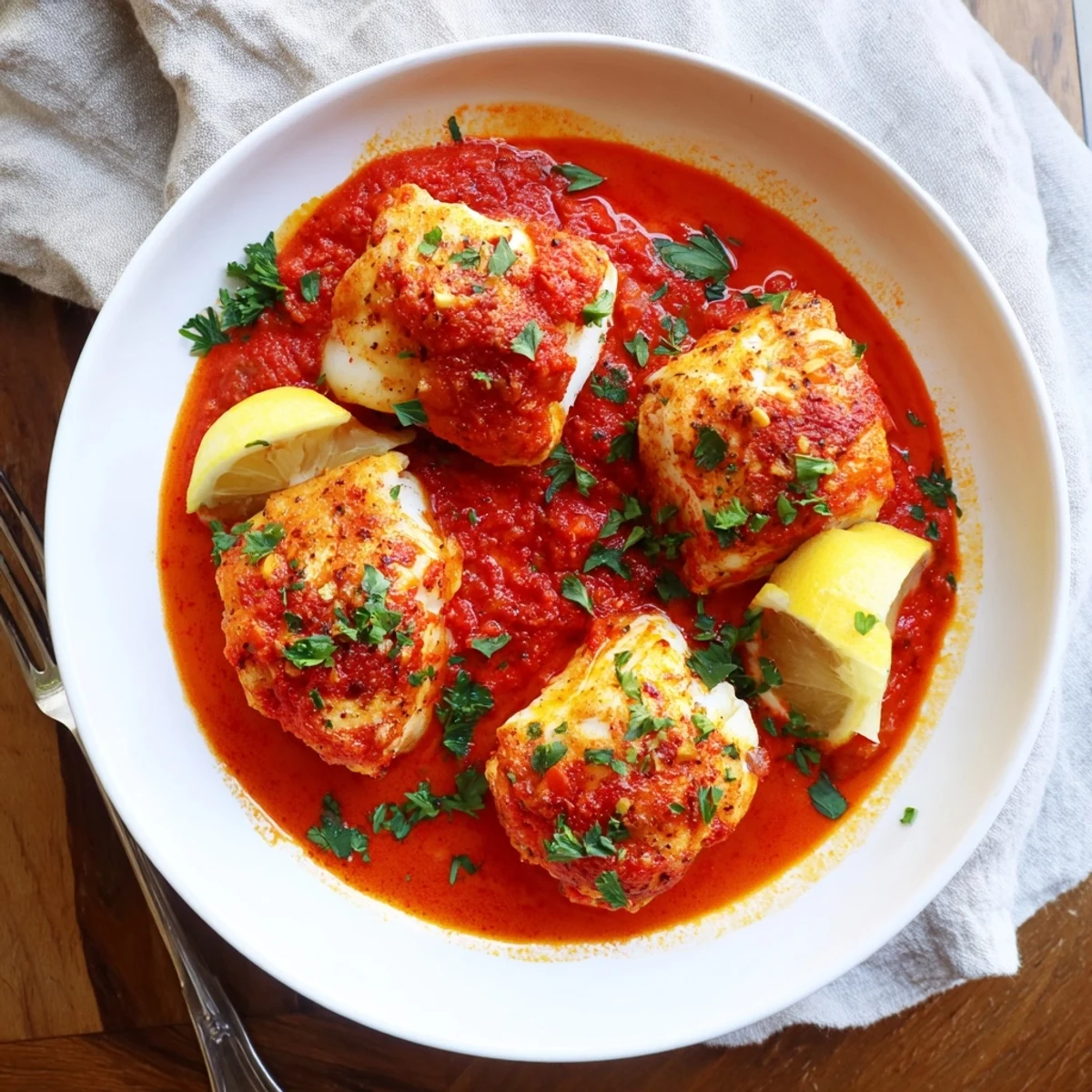 Cod In Roasted Red Pepper Sauce served over flaky fillets with lemon