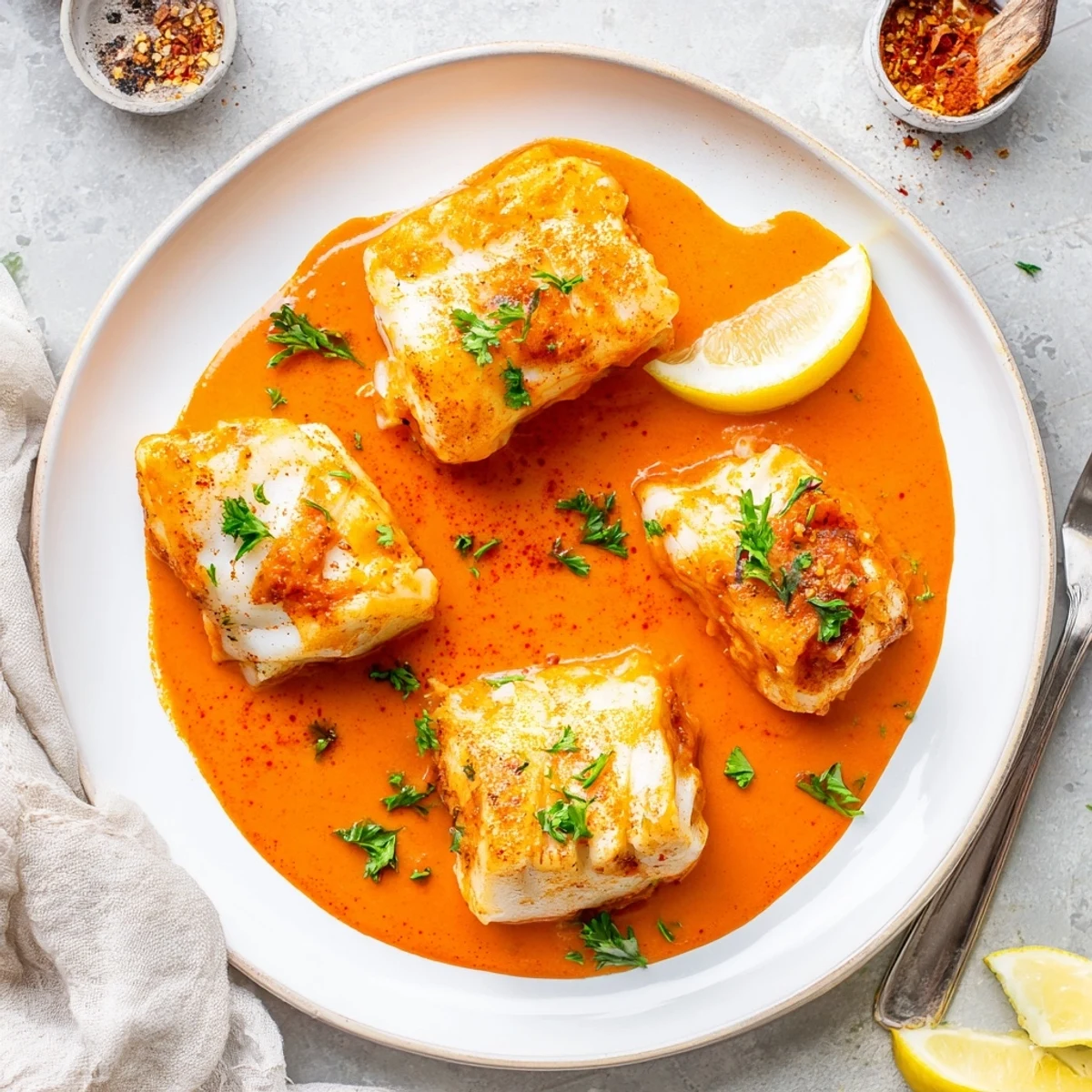 Pan-poached Cod In Roasted Red Pepper Sauce glistening, smoky aroma, lemon wedges