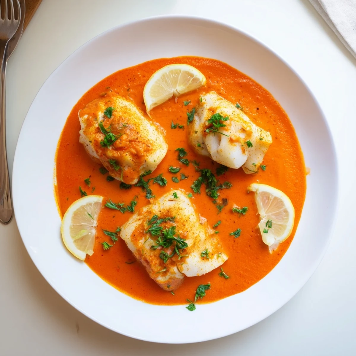 Velvety Cod In Roasted Red Pepper Sauce coating tender fillets, served with rice