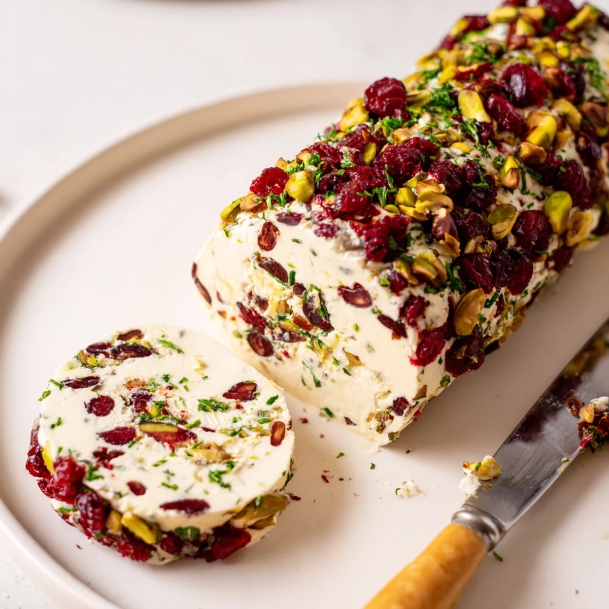 Cranberry Pistachio Cheese Log rolled in crunchy pistachios and tart cranberries, sliced