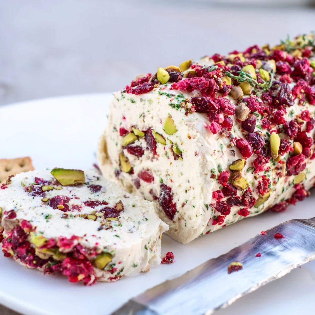 Creamy Cranberry Pistachio Cheese Log coated in chopped nuts and fresh herbs