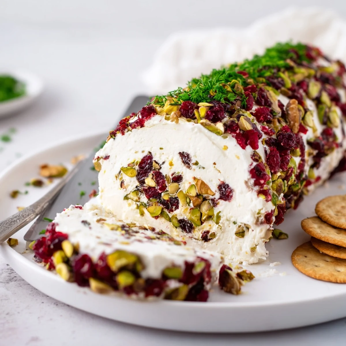 Chilled Cranberry Pistachio Cheese Log glistening with honey, ready with crackers