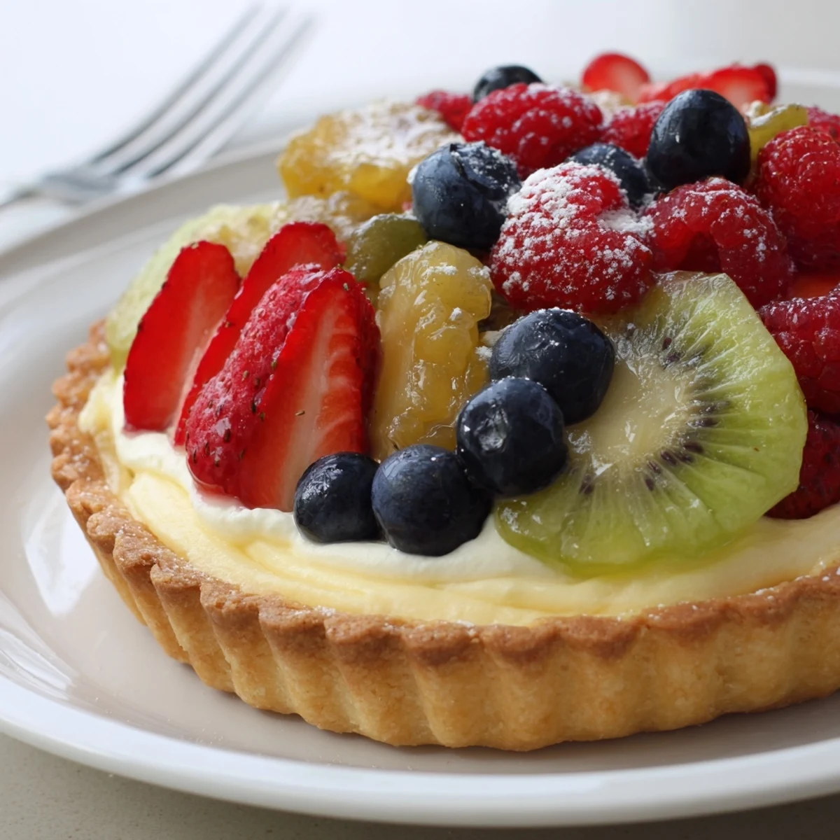 Sliced Fruit Tart With Mascarpone on a rustic plate, bright citrus zest