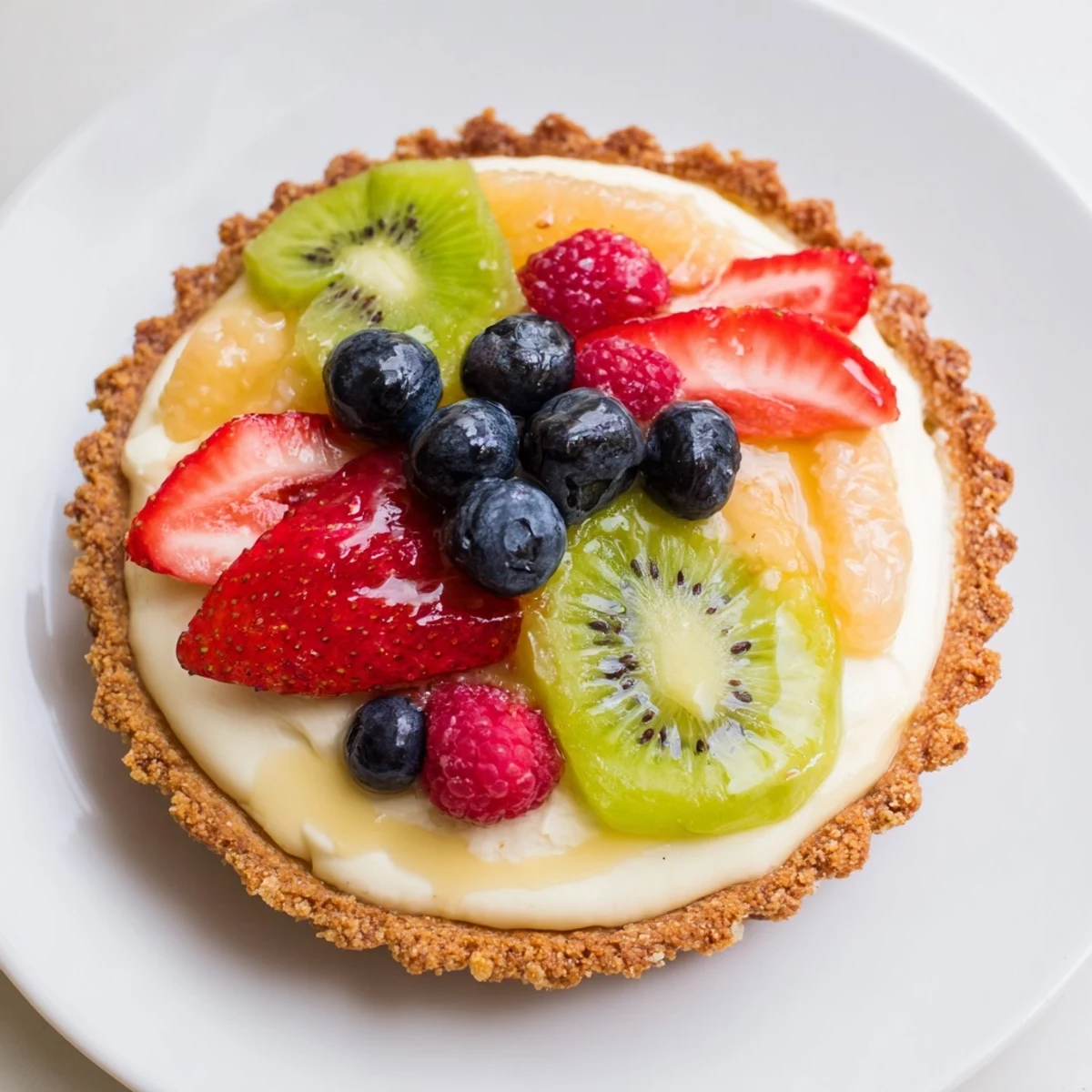 Fruit Tart With Mascarpone arranged with glossy berries, crisp crust, chilled for serving