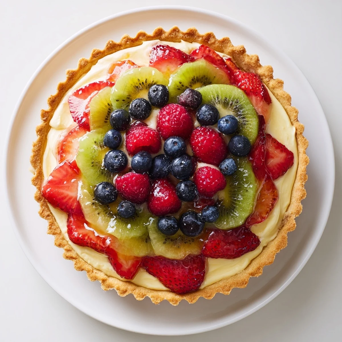Close-up Fruit Tart With Mascarpone topped with juicy strawberries and shimmering glaze