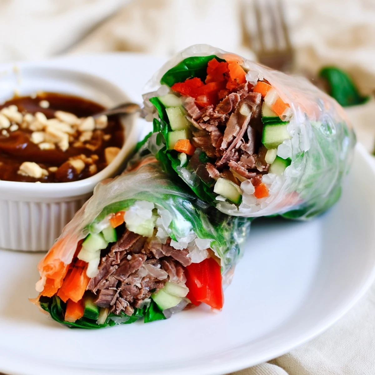 Handheld Thai Basil Beef Rolls arranged with dipping sauce and chopped peanuts