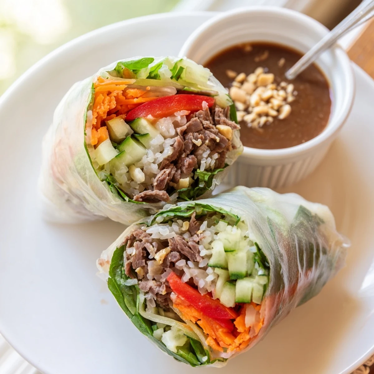 Thai Basil Beef Rolls sliced, showing glossy beef, fresh basil and crunchy veggies