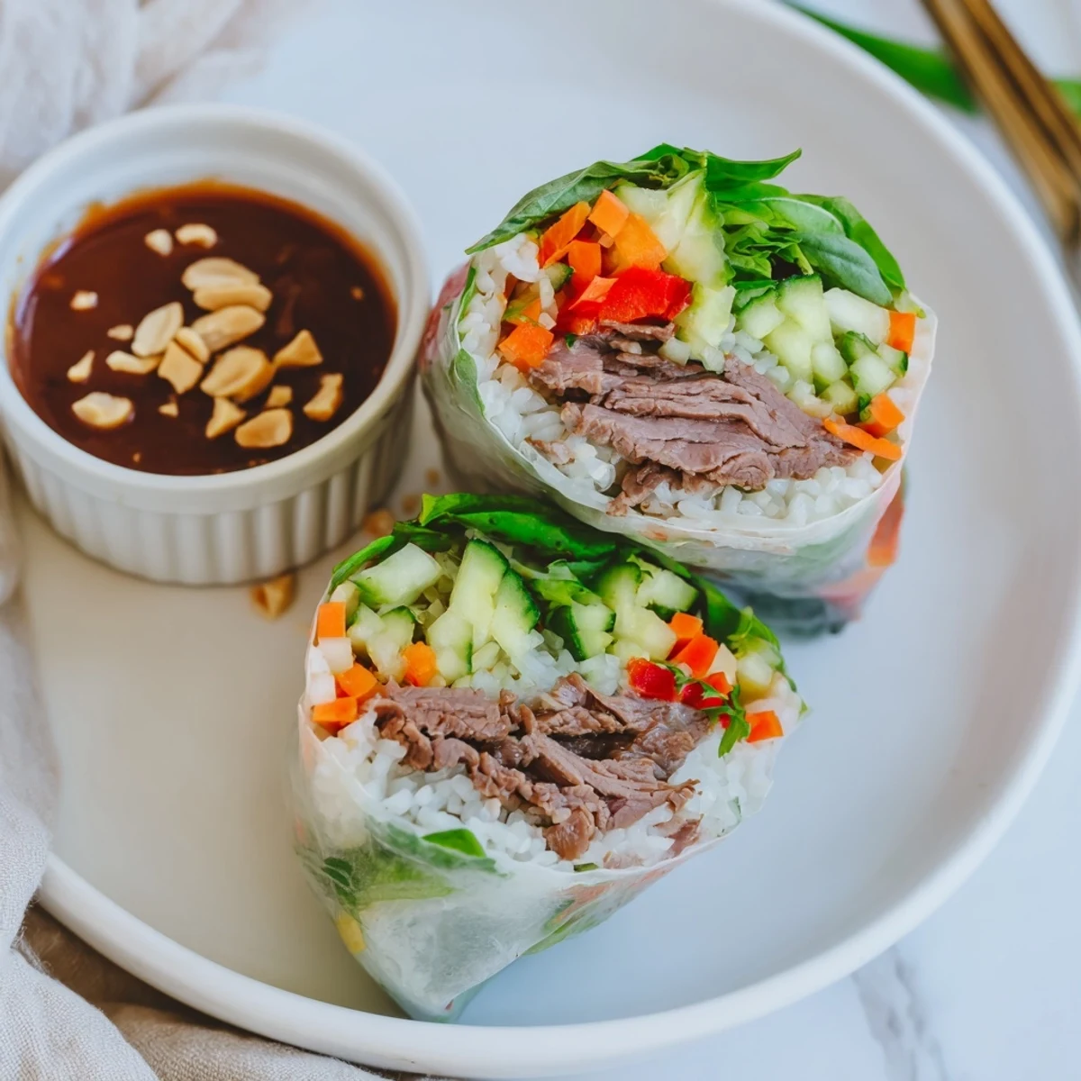 Fresh Thai Basil Beef Rolls on a plate, rice paper glistening